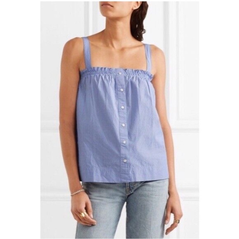 J.Crew Pinstripe Button Front Ruffle Tank Top Square Neck Blue White
